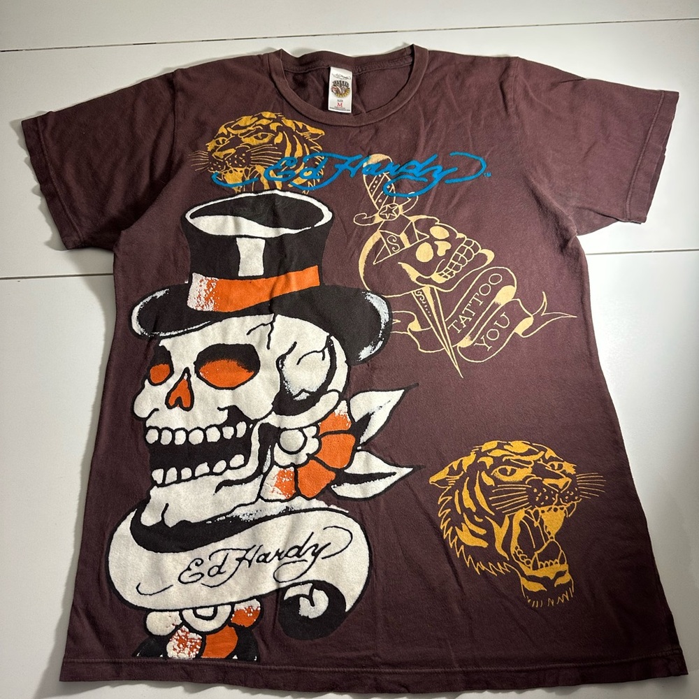 Ed Hardy Brown Short-Sleeve Graphic Tee with Orange & Yellow Accents